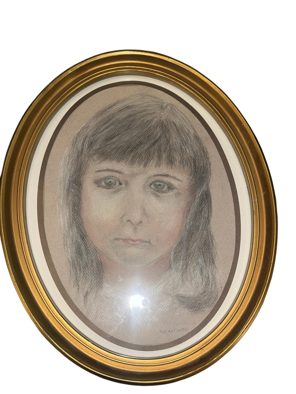 Vintage Oval Framed Pastel Portrait Drawing, Signed M.C. Ratynski